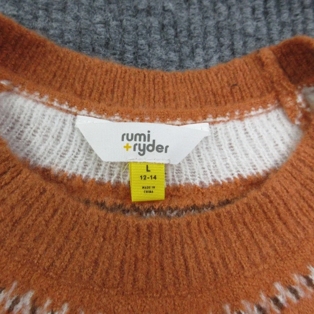 Rumi + Ryder Sweater Kids L 12-14 Orange Fair Isle Pumpkin Yoke Pullover NWT